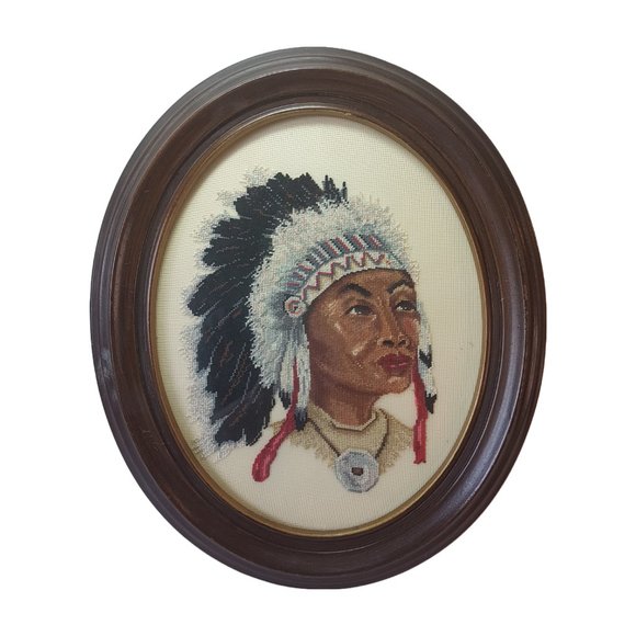 Vintage Petit Point Framed Artwork Indigenous Native American Man Woman Canadian - Picture 2 of 16
